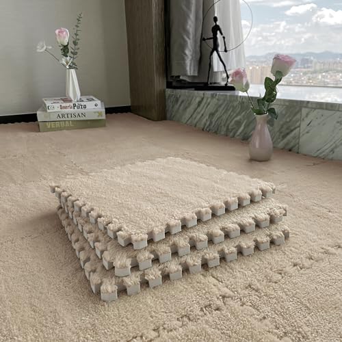 Jaderlu 16pcs 0.6" Thickened Interlocking Tile Mats,Fluffy Shaggy Soft EVA Foam Area Rug for Living Room & Bedroom,Non-Slip Protective Floor Carpet Play Mat Kids Baby Dorm Home Decor (11.8ft, Khaki) - Image 5
