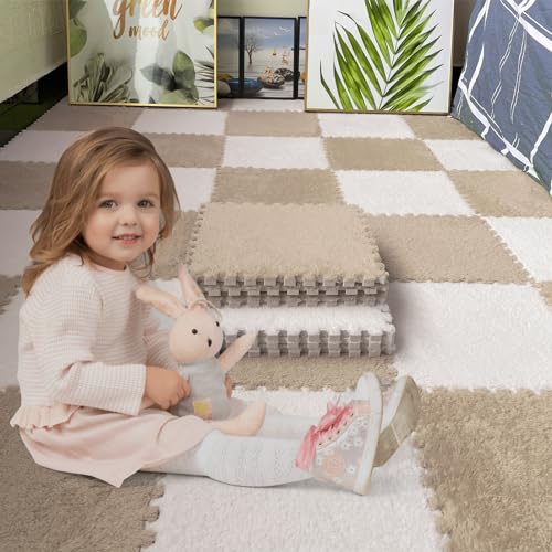 Jaderlu 16pcs 0.6" Thickened Interlocking Tile Mats,Fluffy Shaggy Soft EVA Foam Area Rug for Living Room & Bedroom,Non-Slip Protective Floor Carpet Play Mat Kids Baby Dorm Home Decor (11.8ft, Khaki) - Image 4