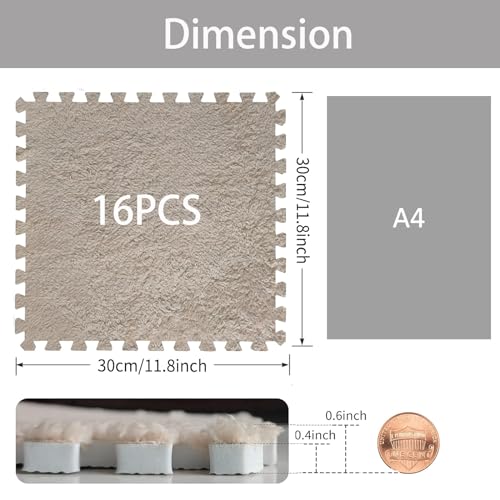 Jaderlu 16pcs 0.6" Thickened Interlocking Tile Mats,Fluffy Shaggy Soft EVA Foam Area Rug for Living Room & Bedroom,Non-Slip Protective Floor Carpet Play Mat Kids Baby Dorm Home Decor (11.8ft, Khaki) - Image 2