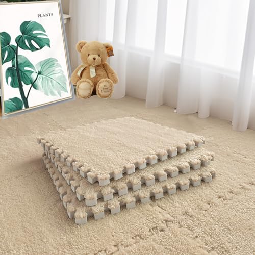 Jaderlu 16pcs 0.6" Thickened Interlocking Tile Mats,Fluffy Shaggy Soft EVA Foam Area Rug for Living Room & Bedroom,Non-Slip Protective Floor Carpet Play Mat Kids Baby Dorm Home Decor (11.8ft, Khaki) - Image 1