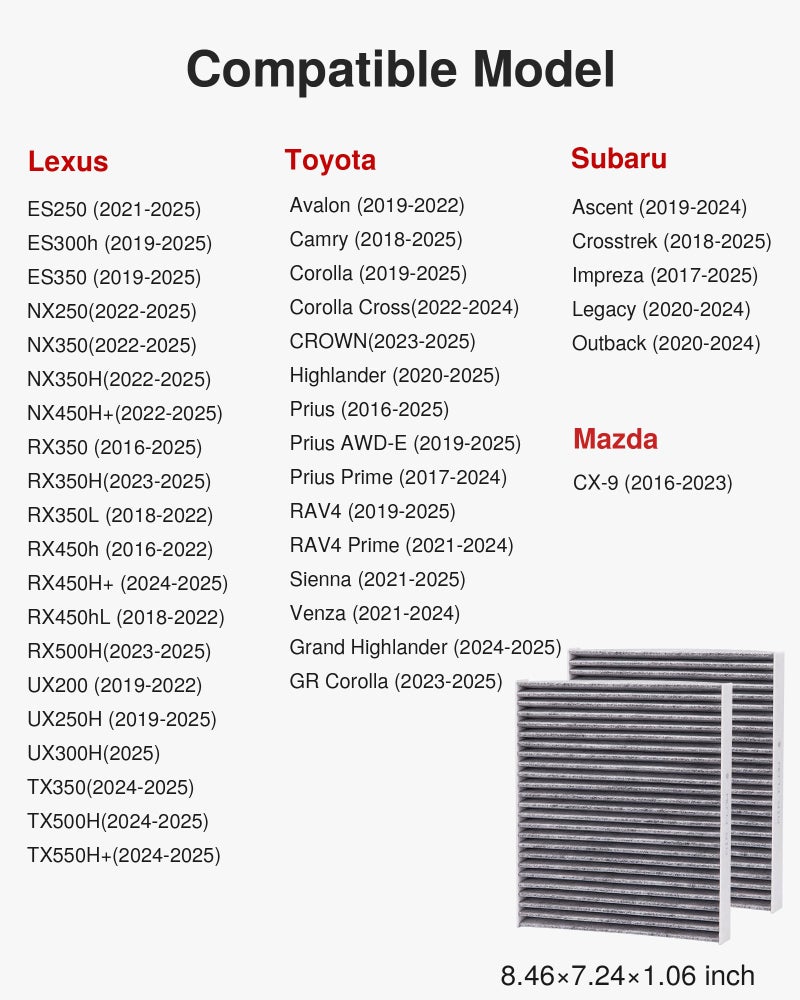 Puroma فلتر هواء المقصورة من بوروما 2 عبوة مع فحم نشط، بديل لـ CP157، CF12157، مختار لسيارات لكزس، مازدا، سوبارو وتويوتا أفالون، كامري، كورولا، هايلاندر، بريوس، RAV4، سيينا، فينزا - Image 5
