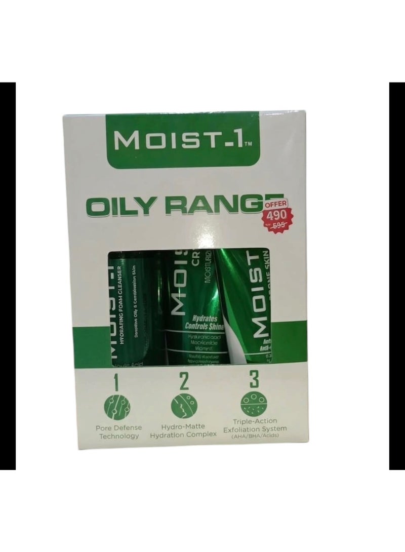 MOIST-1 Oily Range Hydrating Foam Cleanser + Moisturizing Cream + Anti-Imperfection Serum Pore Defense Technology Hydro-Matte Hydration Complex Triple-Action Exfoliation System (AHA/BHA/Acids)