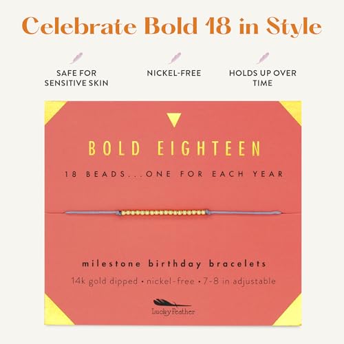 Lucky Feather Milestone 18th Birthday Gifts For Women - 14K Gold Dipped Beads Bracelet on Adjustable 7”- 8” Cord - Bold 18 Year Old Gifts - Image 4