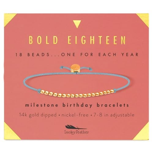 Lucky Feather Milestone 18th Birthday Gifts For Women - 14K Gold Dipped Beads Bracelet on Adjustable 7”- 8” Cord - Bold 18 Year Old Gifts - Image 1