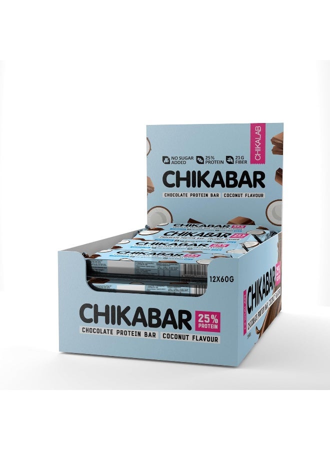 Chikalab Chocolate Protein Bar Coconut Flavour No Sugar Added 12x60g - Image 1