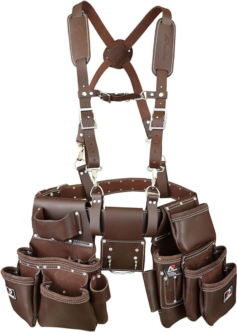APLEATHER PRO19 100 Genuine Full Grain Leather Tool BeltPouchBag tool belt with suspenders Comfort Back Support Tool Pouches With Suspenders Chocolate Brown