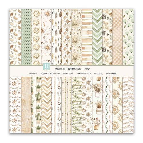 MIATTCLD Scrapbook Paper Boho Patterned Paper for Scrapbooking, Double Sided Floral Decorative Craft Papers, MIATTCLD 24 Sheets Scrapbook Background Papers for Photo Album Journal Decor (Beige, 12x12 IN) - Image 1