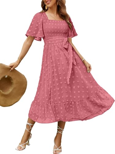 Amegoya Women's Short Sleeve Summer Midi Dress Casual Swiss Dot Square Neck Smocked Baby Shower Guest Dress (Rust Pink L) - Image 1
