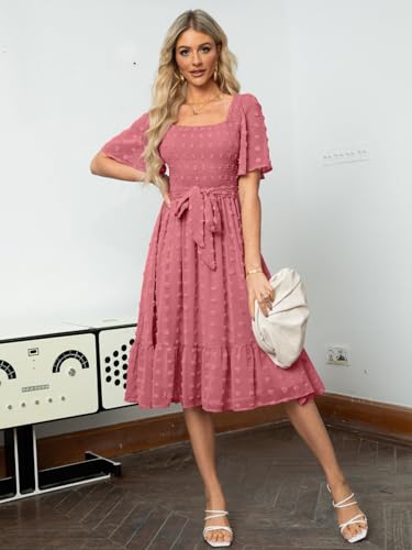 Amegoya Women's Short Sleeve Summer Midi Dress Casual Swiss Dot Square Neck Smocked Baby Shower Guest Dress (Rust Pink L) - Image 2