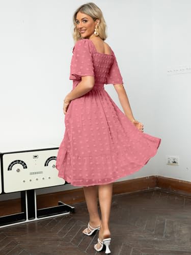 Amegoya Women's Short Sleeve Summer Midi Dress Casual Swiss Dot Square Neck Smocked Baby Shower Guest Dress (Rust Pink L) - Image 4