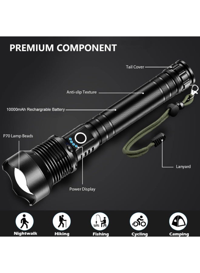 مصباح LED قابل للشحن عالي اللومين، 90000 لومين مصباح فائق السطوع قابل للتكبير مقاوم للماء مع بطاريات مدمجة و3 أوضاع، قوي للحمل في اليد لحالات الطوارئ في التخييم P70 الأسود - Image 3