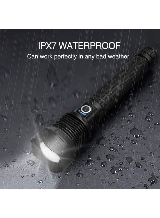 مصباح LED قابل للشحن عالي اللومين، 90000 لومين مصباح فائق السطوع قابل للتكبير مقاوم للماء مع بطاريات مدمجة و3 أوضاع، قوي للحمل في اليد لحالات الطوارئ في التخييم P70 الأسود - Image 4