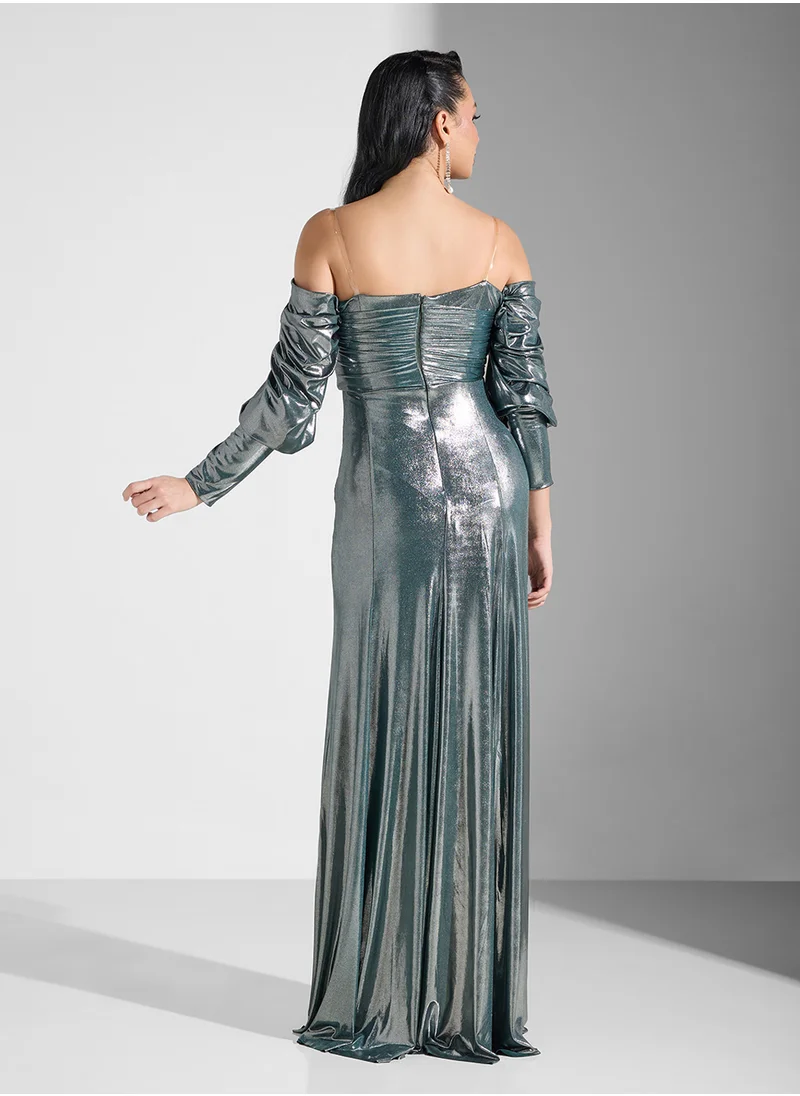 Namshi x Ruched Metallic Dress With Sweetheart Neckline