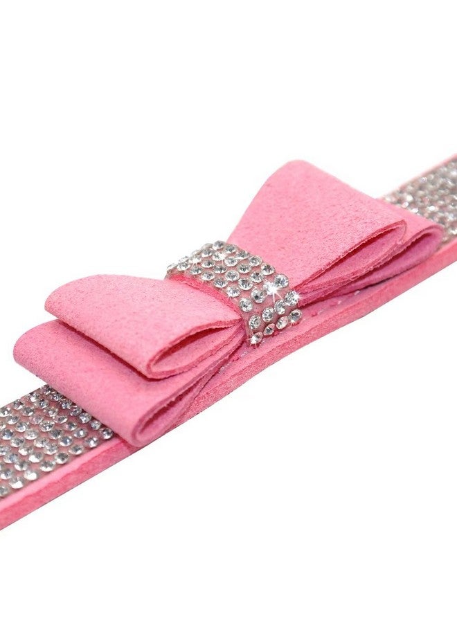 Beirui Rhinestone Bling Leather Dog Collar and Leash Set - Soft Flocking Sparkly Crystal Diamonds Studded - Cute Double Bowknot Cat Collar with 4 Foot Leash for Pet Show,Pink,Neck:6-8" - Image 3