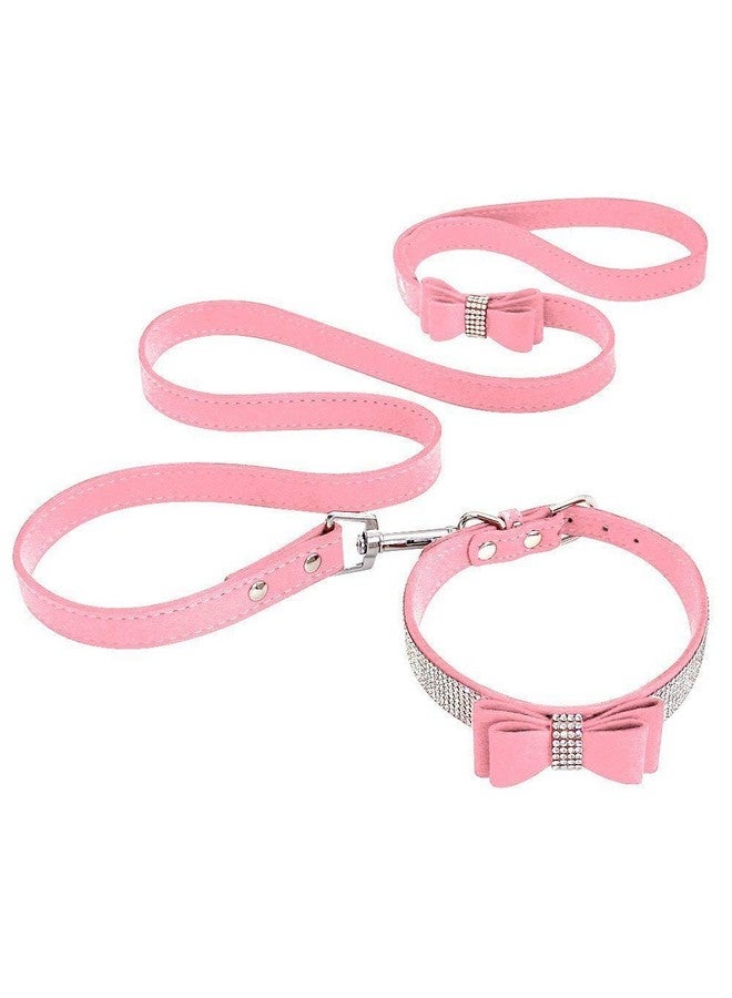 Beirui Rhinestone Bling Leather Dog Collar and Leash Set - Soft Flocking Sparkly Crystal Diamonds Studded - Cute Double Bowknot Cat Collar with 4 Foot Leash for Pet Show,Pink,Neck:6-8" - Image 5