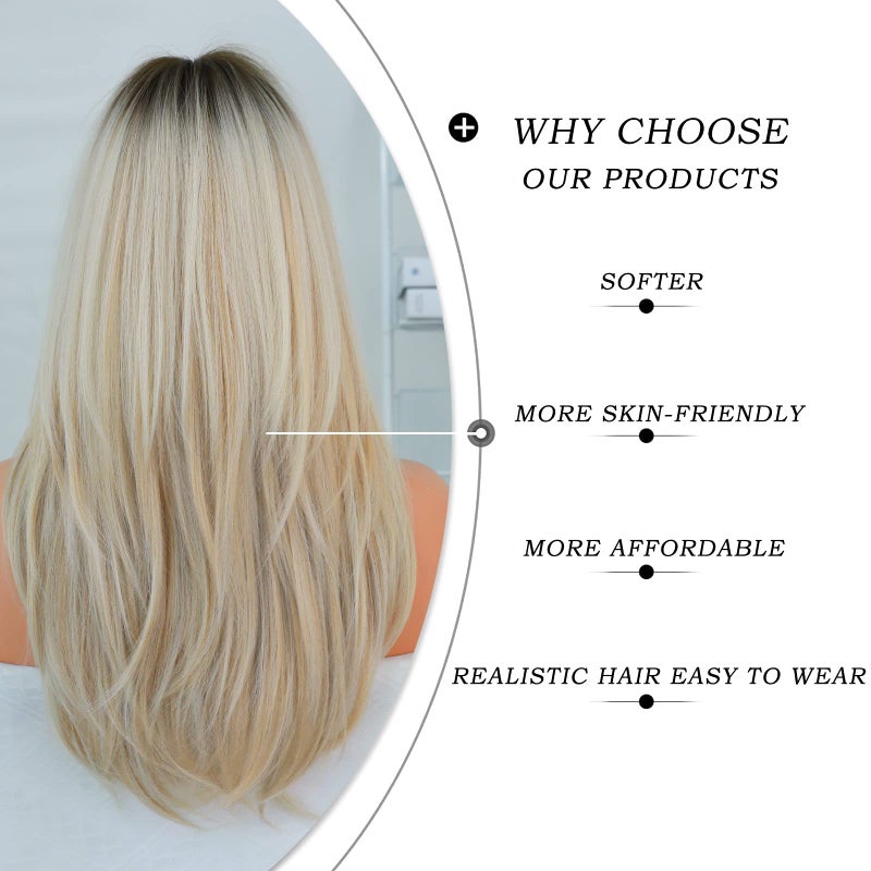 7JHH WIGS Long Blonde Wig with Bangs for Women,Heat Resistant Fiber 25 Inch Layered Synthetic Hair Wigs with Dark Roots for Daily Use - Image 5