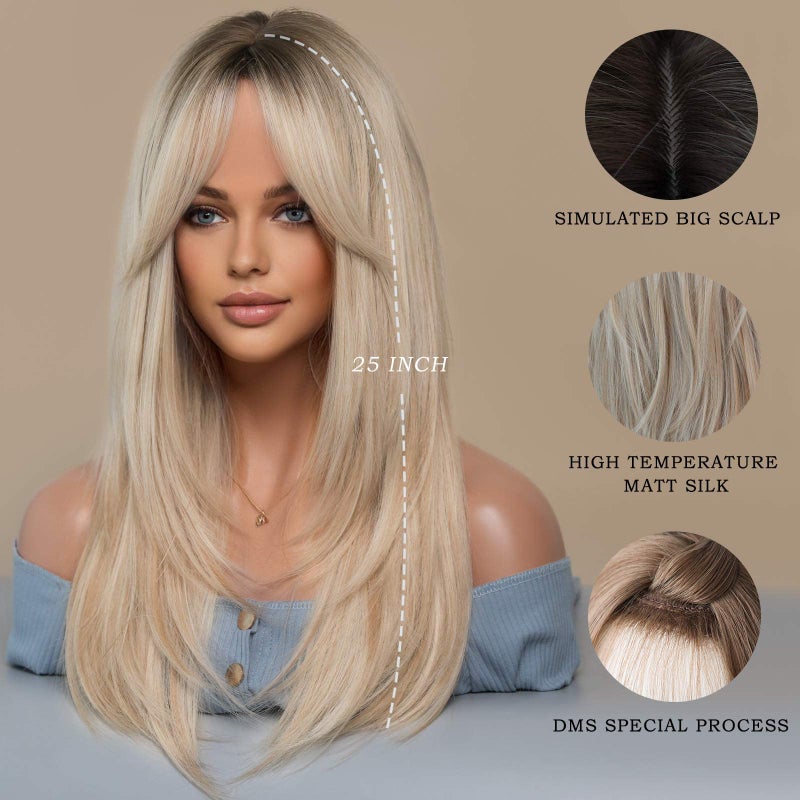7JHH WIGS Long Blonde Wig with Bangs for Women,Heat Resistant Fiber 25 Inch Layered Synthetic Hair Wigs with Dark Roots for Daily Use - Image 4