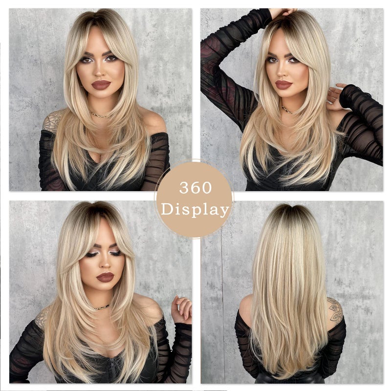 7JHH WIGS Long Blonde Wig with Bangs for Women,Heat Resistant Fiber 25 Inch Layered Synthetic Hair Wigs with Dark Roots for Daily Use - Image 3