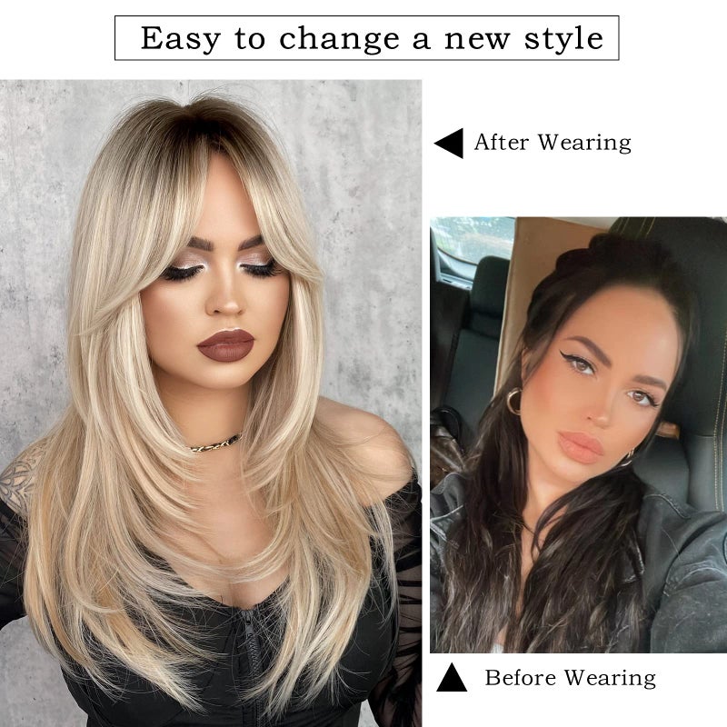 7JHH WIGS Long Blonde Wig with Bangs for Women,Heat Resistant Fiber 25 Inch Layered Synthetic Hair Wigs with Dark Roots for Daily Use - Image 2