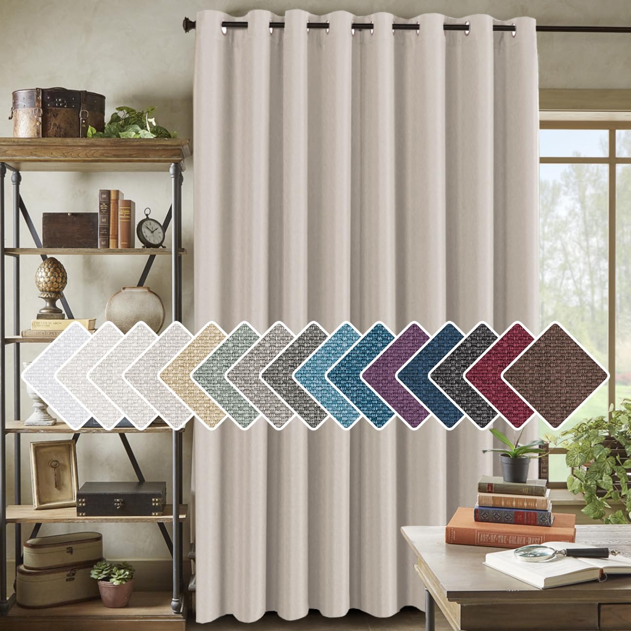 H.VERSAILTEX Room Darkening polyester Curtain for Bedroom/Living Room Extra Wide Blackout Curtains 100 x 84 Inches for Patio Glass Door, Primitive Textured Thick Burlap Look Fabric, Heather Ivory