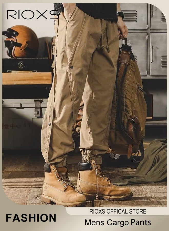 RIOXS Men's Casual Cargo Pants,Loose Drawstring Trousers,Wide Leg Jogging Pants With Elasticated Strap,Breathable Outdoor Tactical Pants,Fashion Workout Work Pants With Pockets  - Image 1