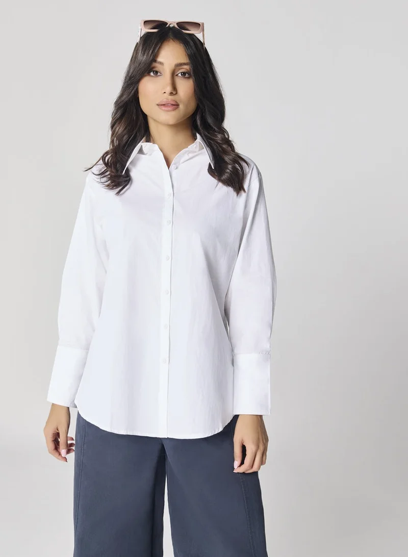 Zigzag Cotton Oversized Shirt- White