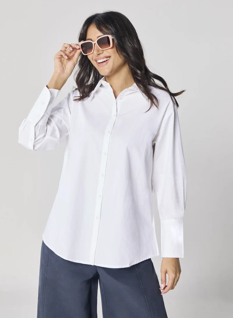 Zigzag Cotton Oversized Shirt- White