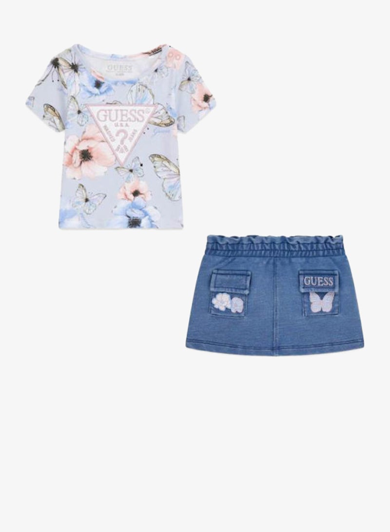 GUESS Infant Printed Crew Neck T-Shirt And Denim Skirt Set - Image 3