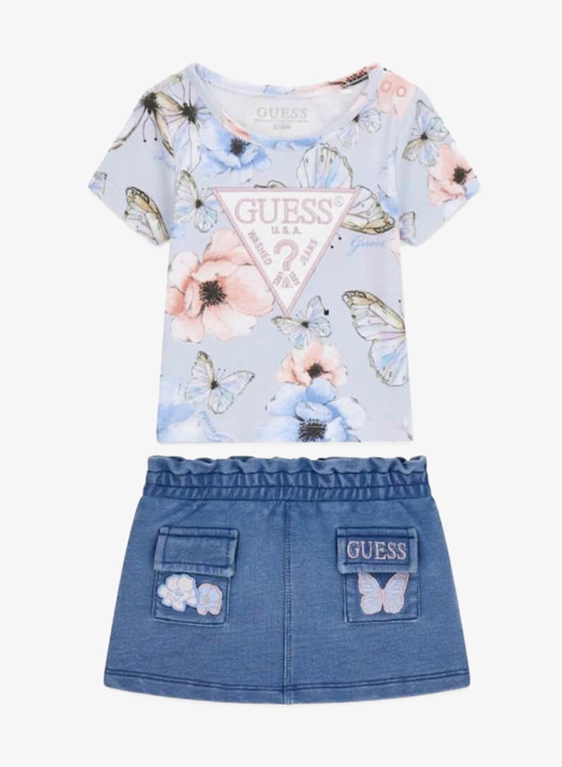 GUESS Infant Printed Crew Neck T-Shirt And Denim Skirt Set - Image 1