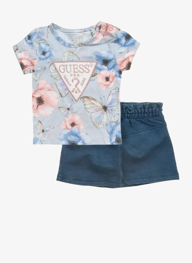 GUESS Infant Printed Crew Neck T-Shirt And Denim Skirt Set - Image 4