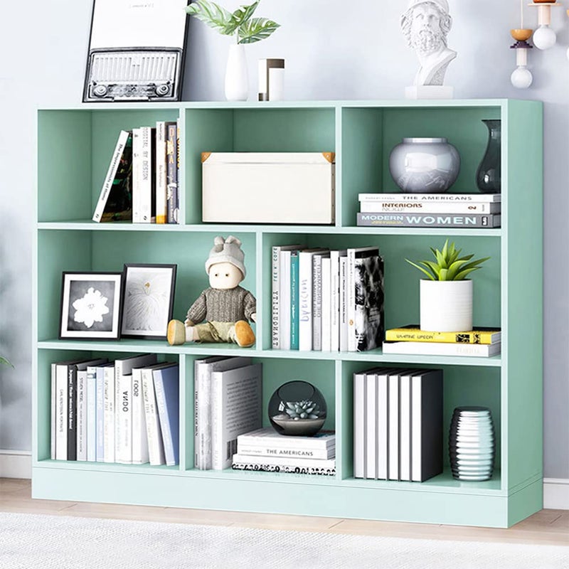 IOTXY IOTXY Open Shelf Low Bookcase  Wooden 3Tier Floor Standing Display Cabinet Organizer with Base 8 Cubes Short Horizontal Bookshelf in TiffanyGreen