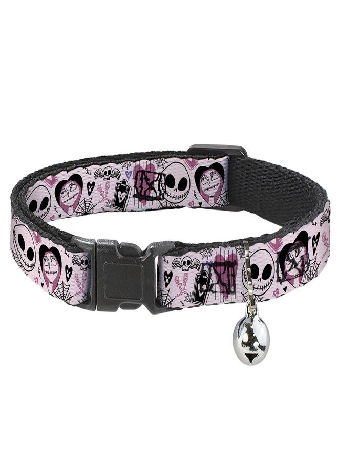 Buckle Down Disney Breakaway Cat Collar with Bell, Plastic Clip, Easy Adjustable, The Nightmare Before Christmas Jack and Sally Doodles Pink, 8.5 to 12 Inches 0.5 Inch Wide - Image 1