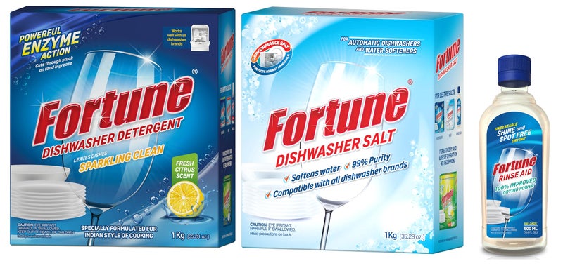 FORTUNE DISHWASHER STARTER COMBO - Dishwasher Detergent 1kg (Pack of 1), Salt 1kg (Pack of 1) & Rinse Aid 500ml (Pack of 1) - Image 1