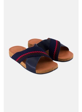 Men Slip On Leather Cross Slides, Navy