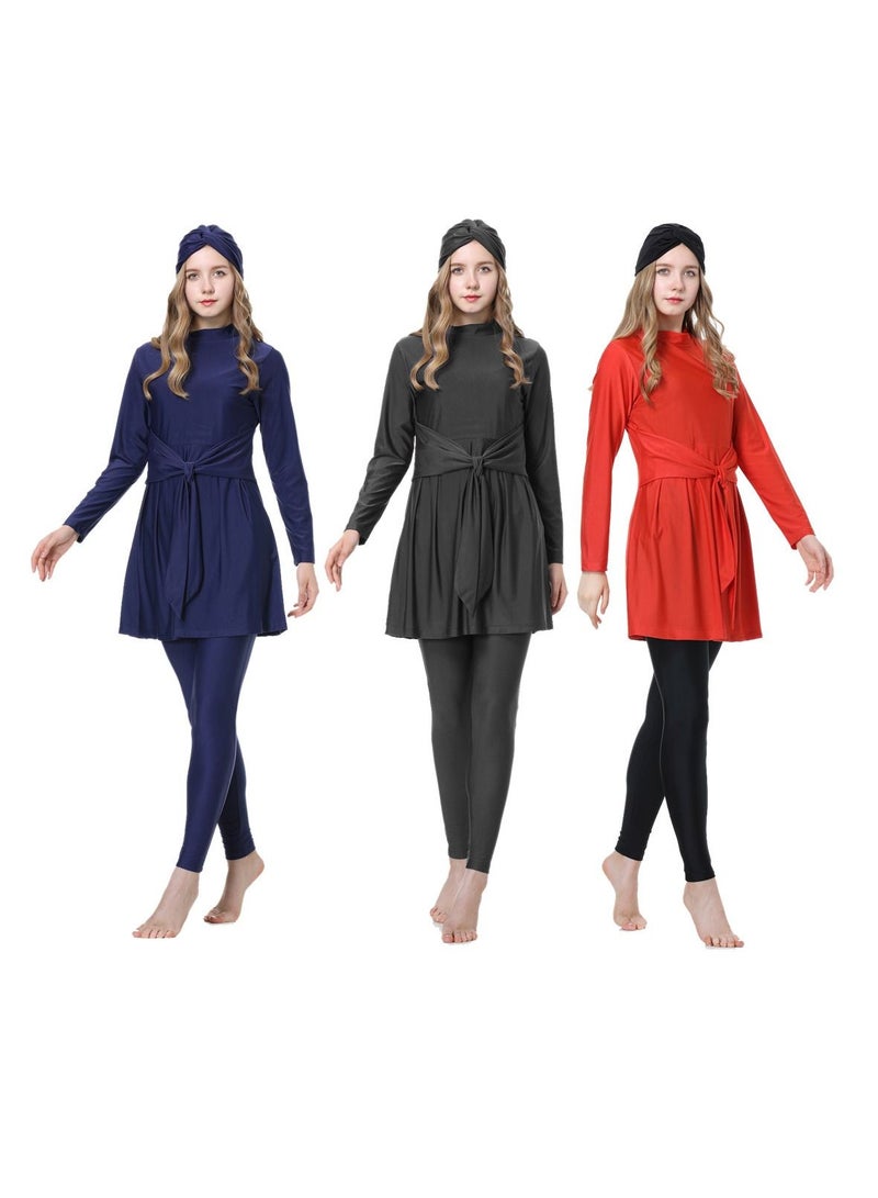 3 Set Women Conservative Swimsuit Set Muslim Sun Protection Swimwear Swimming Trousers Cap Ladies Beachwear Skirt Bikini Dress Arab Clothing  Multicolour - Image 1