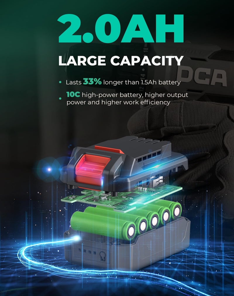 دي سي أيه مجموعة مثقاب لاسلكي DCA عزم دوران 336 رطلًا 3/8 بوصة مثقاب كهربائي بدون مفتاح مع بطارية 2.0 أمبير وشاحن 18+1 موضع 25 قطعة 20 فولت طقم مفك مثقاب ADJZ2035 - Image 3