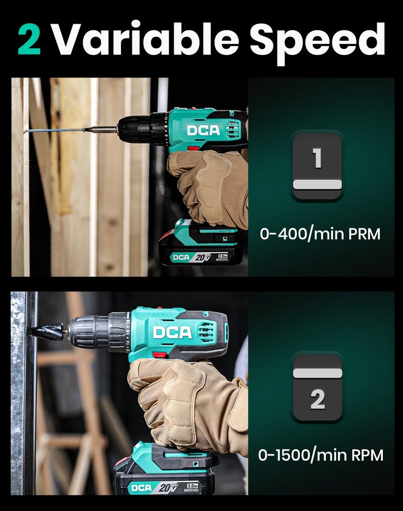 دي سي أيه مجموعة مثقاب لاسلكي DCA عزم دوران 336 رطلًا 3/8 بوصة مثقاب كهربائي بدون مفتاح مع بطارية 2.0 أمبير وشاحن 18+1 موضع 25 قطعة 20 فولت طقم مفك مثقاب ADJZ2035 - Image 4