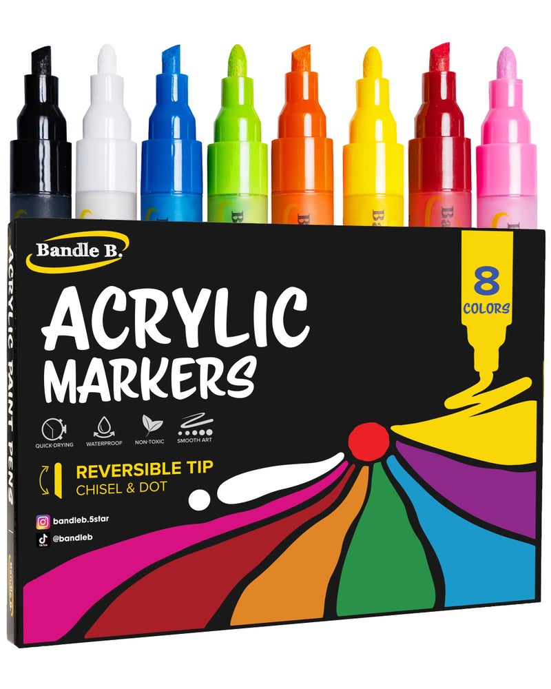Bandle B. Bandle B Acrylic Paint Markers Set of 8 Paint Pens for Art Fabric Coloring and JournalingQuickDrying Waterproof NonToxic Reversible ChiselDot Tip - Image 3