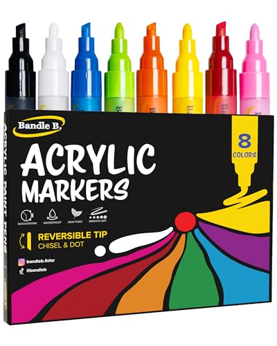Bandle B. Bandle B Acrylic Paint Markers Set of 8 Paint Pens for Art Fabric Coloring and JournalingQuickDrying Waterproof NonToxic Reversible ChiselDot Tip - Image 1