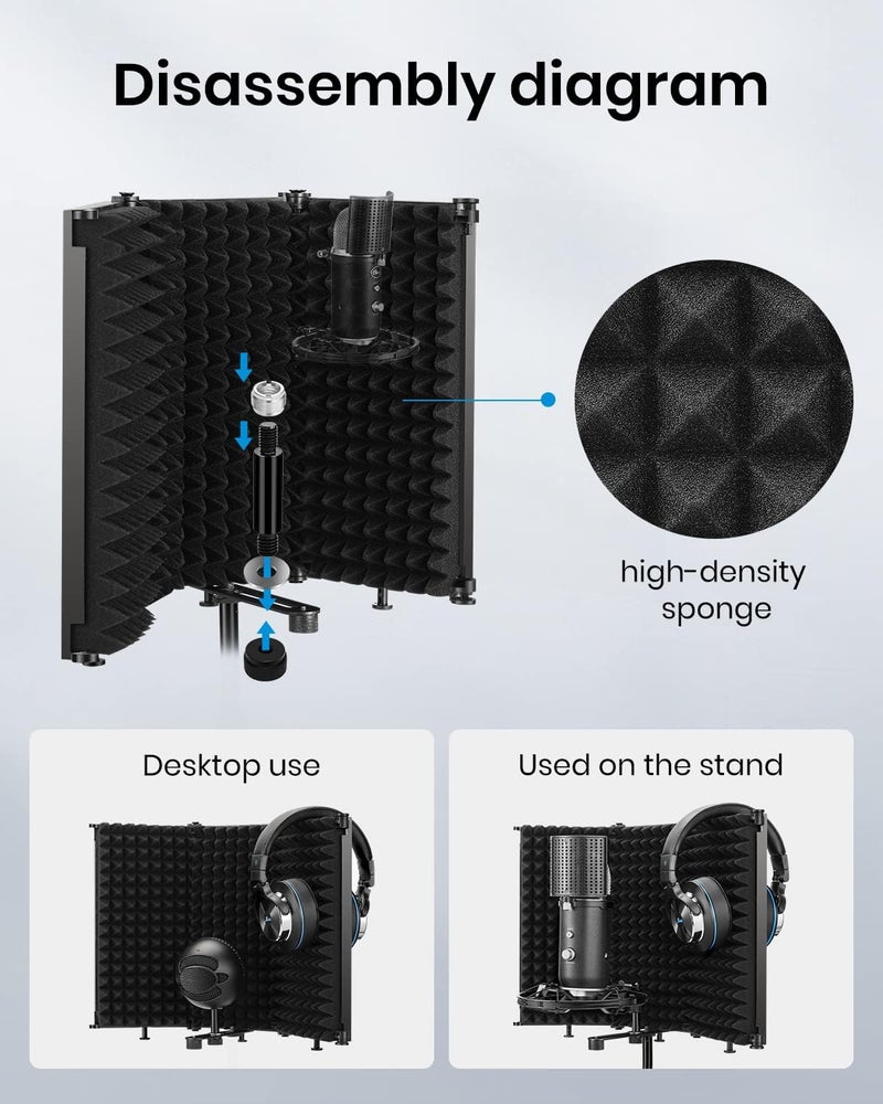 Moukey Microphone Isolation Shield, Foldable Mic Shield with Triple Sound Insulation, Reflection Filter with 3/8" and 5/8" Mic Threaded Mount for Recording Studio, Podcasts, Singing, and Broadcasting - Image 4
