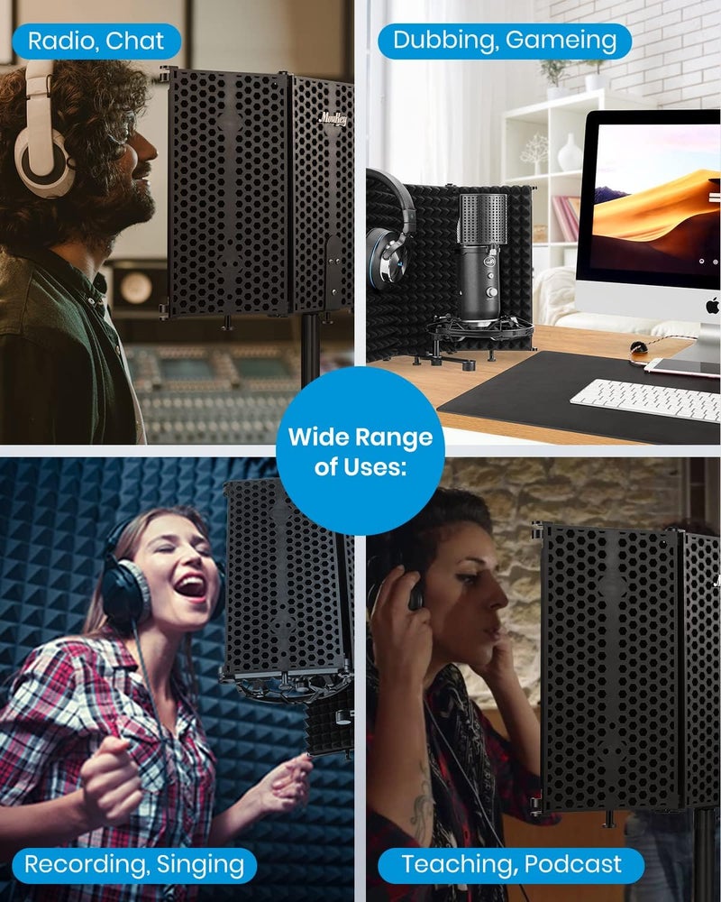 Moukey Microphone Isolation Shield, Foldable Mic Shield with Triple Sound Insulation, Reflection Filter with 3/8" and 5/8" Mic Threaded Mount for Recording Studio, Podcasts, Singing, and Broadcasting - Image 5