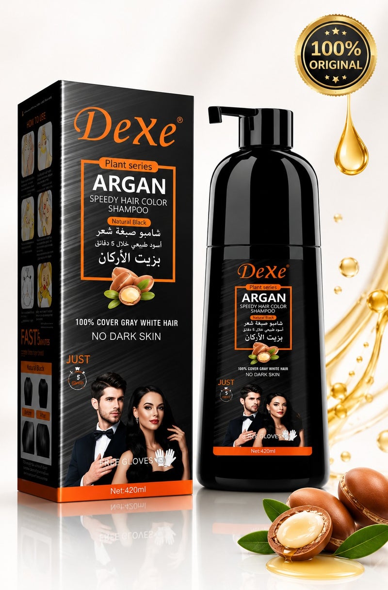 Dexe Argan Speedy Hair Color Shampoo Natural Black 420ml – Ammonia-Free Hair Dye Shampoo for 100% Grey & White Hair Coverage – Long Lasting Nourishing Anti Hair Fall Formula - Image 1