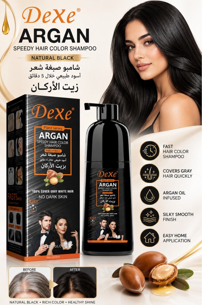 Dexe Argan Speedy Hair Color Shampoo Natural Black 420ml – Ammonia-Free Hair Dye Shampoo for 100% Grey & White Hair Coverage – Long Lasting Nourishing Anti Hair Fall Formula - Image 2