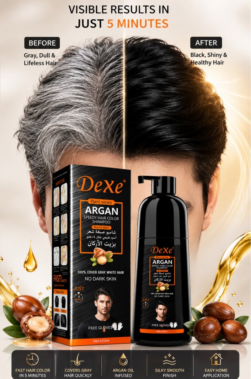 Dexe Argan Speedy Hair Color Shampoo Natural Black 420ml – Ammonia-Free Hair Dye Shampoo for 100% Grey & White Hair Coverage – Long Lasting Nourishing Anti Hair Fall Formula - Image 3