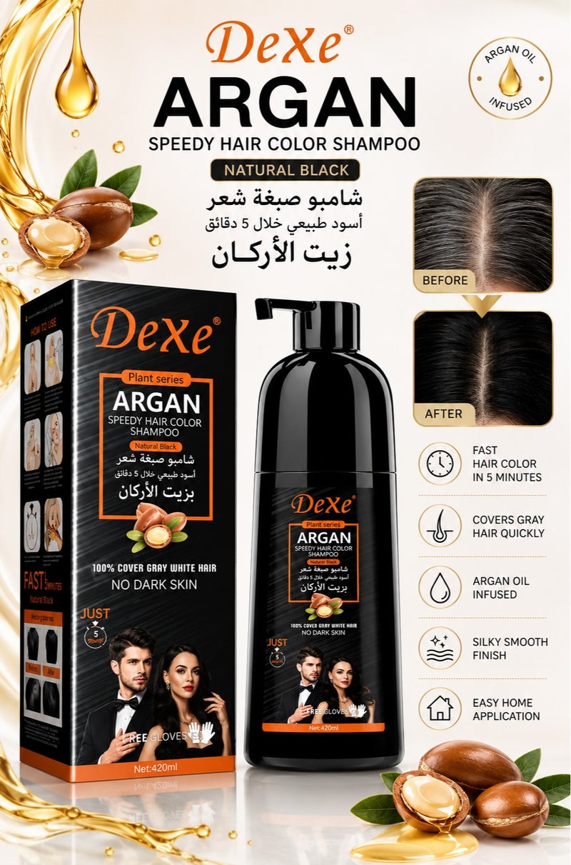Dexe Argan Speedy Hair Color Shampoo Natural Black 420ml – Ammonia-Free Hair Dye Shampoo for 100% Grey & White Hair Coverage – Long Lasting Nourishing Anti Hair Fall Formula - Image 4