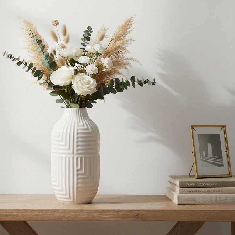 hjn Hand-Glazed White Ceramic Vase - 10.6" H Modern Decorative Centerpiece Vase for Fresh/Dried Flowers, Home Decor for Living Room Bookshelf Mantel | Wedding Housewarming Gift - Image 3