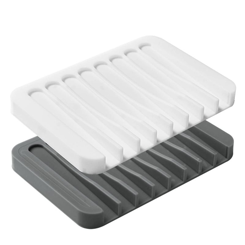 2PCS Soap Dish Holder Premium Silicone Soap Dishes for Shower Bathroom Kitchen Sinks Soap Tray Saver Drainer Selfdraining Waterfall NonSlip Design Easy Cleaning White Gray