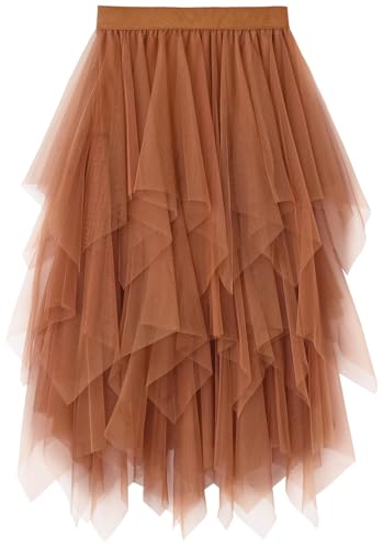 Reaowazo Tulle Skirts for Women Midi Long Fairy Skirt Tutu A-Line Mesh Layered High Elastic Waist Halloween Skirts Brown One Size - Image 1