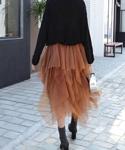 Reaowazo Tulle Skirts for Women Midi Long Fairy Skirt Tutu A-Line Mesh Layered High Elastic Waist Halloween Skirts Brown One Size - Image 2