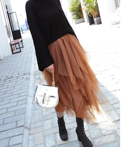 Reaowazo Tulle Skirts for Women Midi Long Fairy Skirt Tutu A-Line Mesh Layered High Elastic Waist Halloween Skirts Brown One Size - Image 3